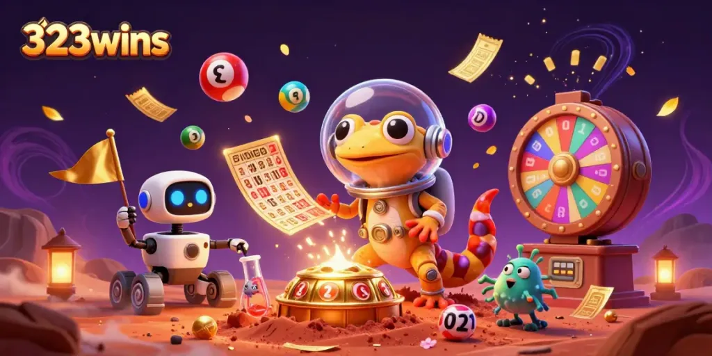 Experience exciting gaming at 323wins with colorful elements and vibrant casino atmosphere.