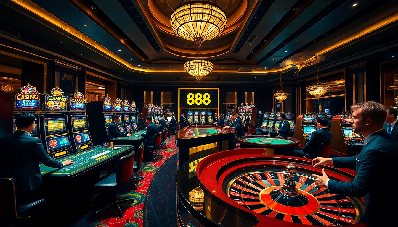 Players enjoying games at 888new casino, featuring vibrant slots, poker chips, and roulette.