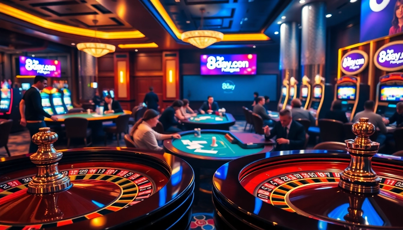 Engaging casino scene featuring poker tables and roulette wheel highlighting 8day.cn.com gaming excitement.