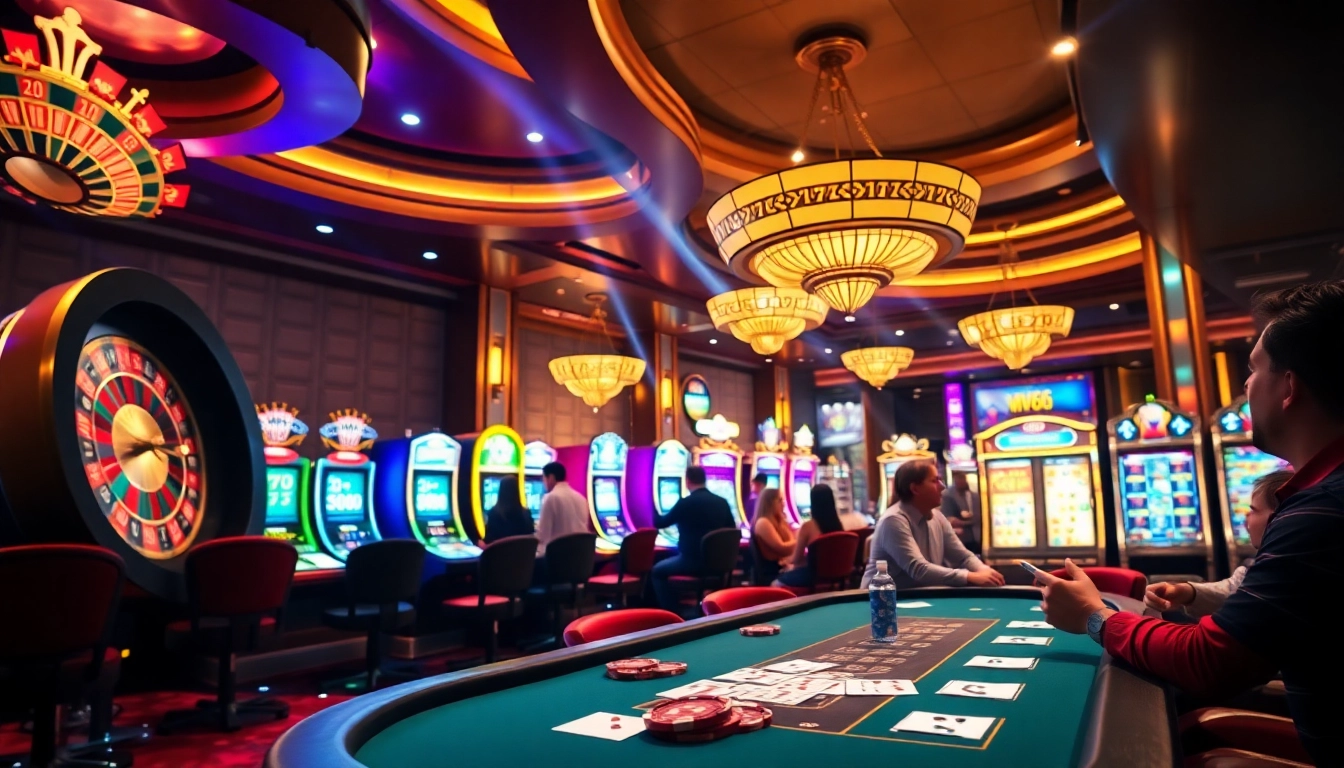 Exciting gamblers at MV66 tables with vibrant roulette wheel and shining slot machines