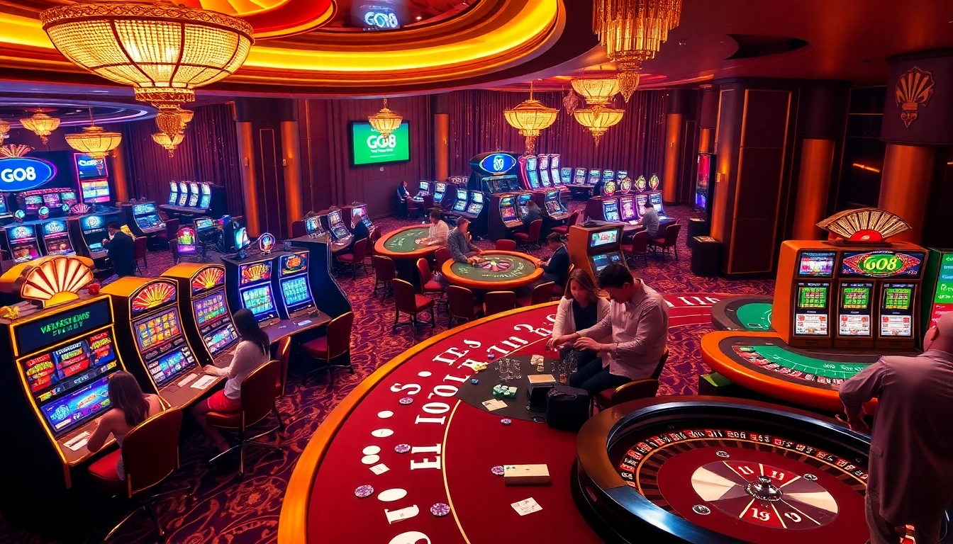 Players enjoying a thrilling moment at Go8 casino with vibrant gaming tables and roulette wheels.