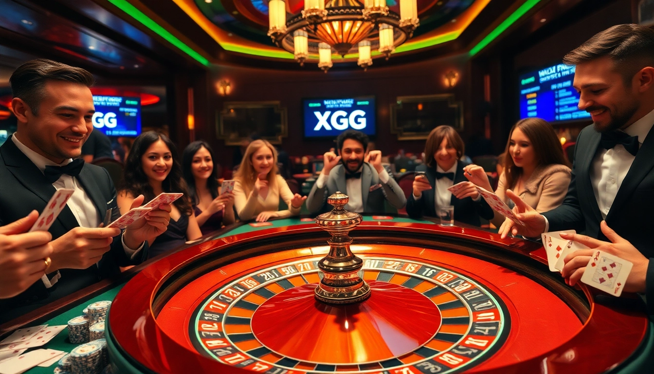 Exciting casino scene showcasing XXGG with players at a vibrant roulette table, chips, and cards.