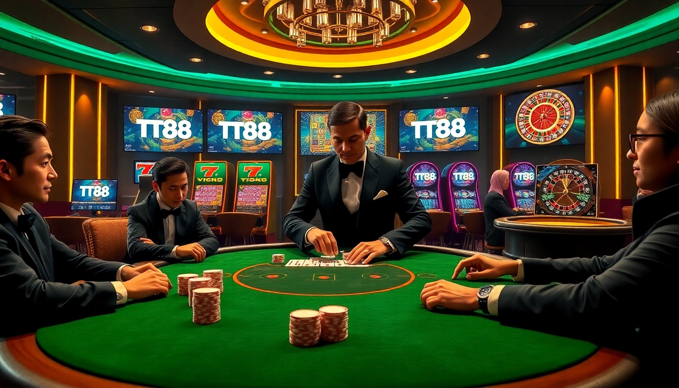Players enjoying high-stakes action at a TT88 poker table with vibrant casino elements.