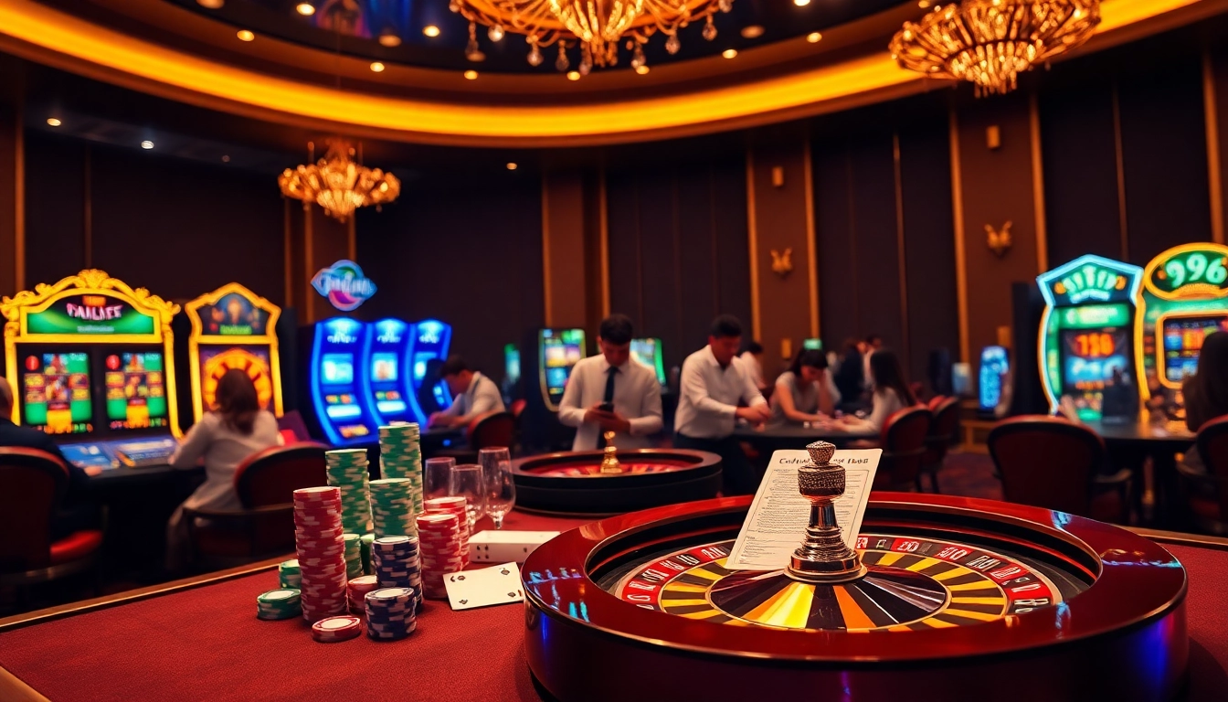 Join the excitement at 99ok with poker chips and roulette wheels in a vibrant casino scene.