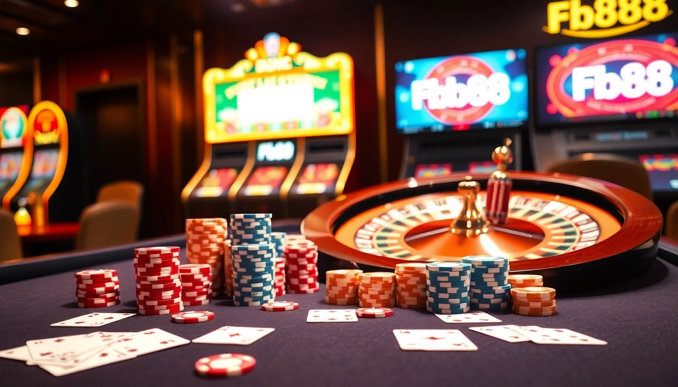 Experience thrilling gaming at Fb88 with poker chips, a roulette wheel, and vibrant slot machines.