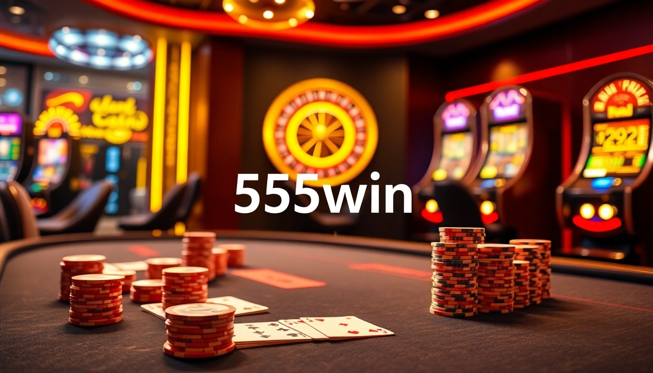 Experience the thrill of 555win with vibrant casino visuals featuring roulette and poker.