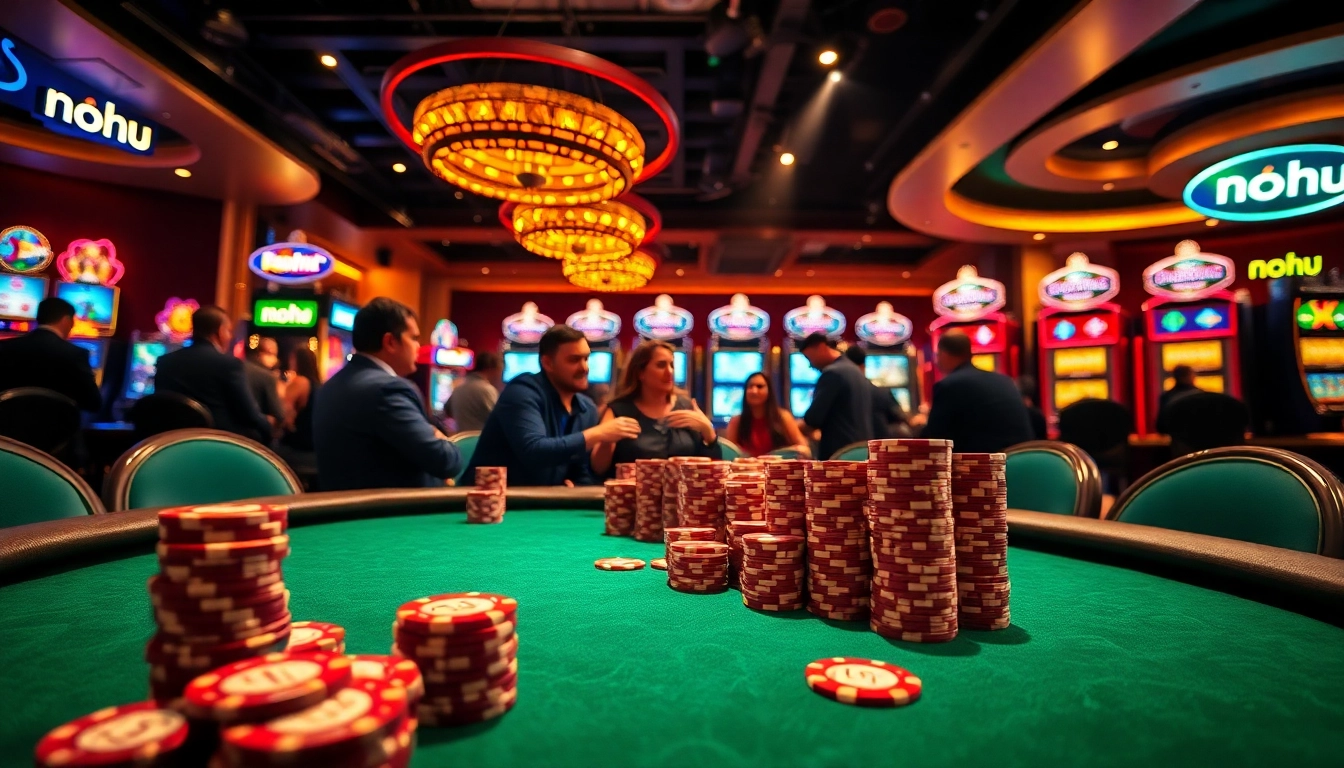 Nohu players strategizing at an upscale poker table with vibrant casino elements.