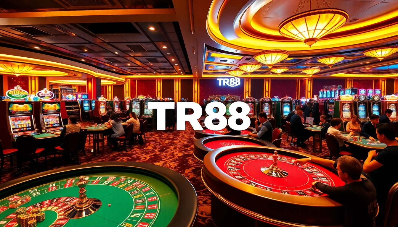 An exciting casino scene at tr88vip.co.com with players engaging at roulette and poker tables.