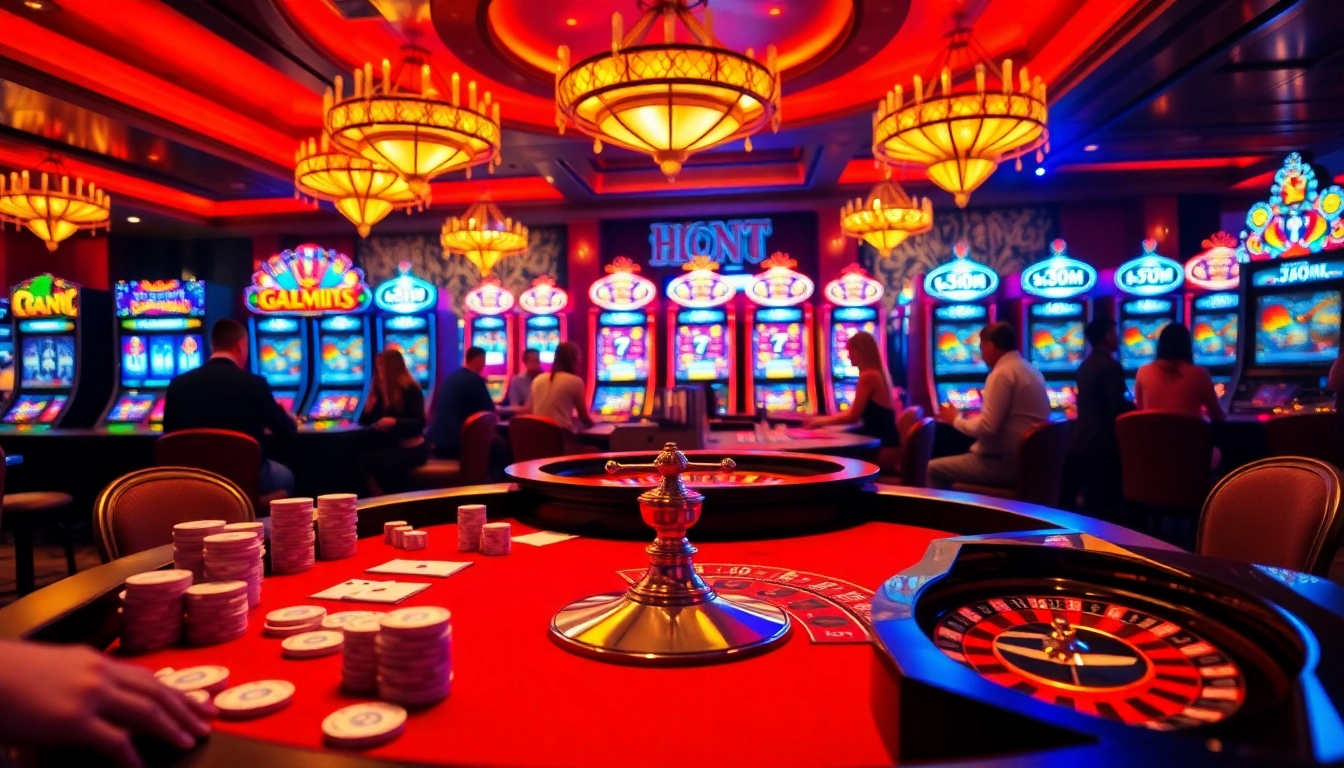Players enjoy thrilling gaming experiences at 65A casino, surrounded by roulette and poker elements.
