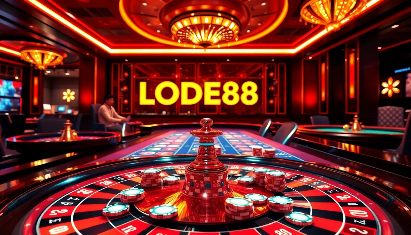 Engaging players enjoying high-stakes games at lode88 casino, showcasing chips and roulette excitement.