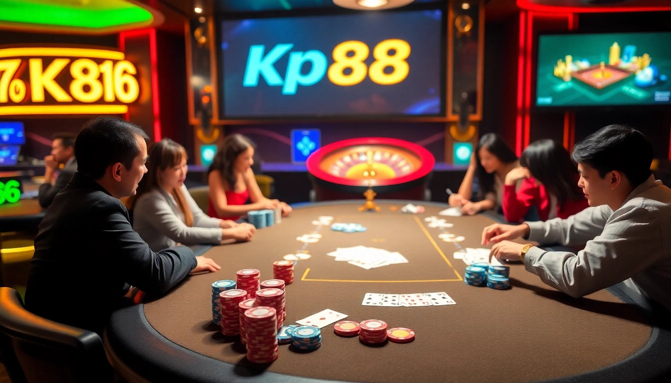 Gambling excitement at Kp88 casino scene featuring poker table and roulette wheel