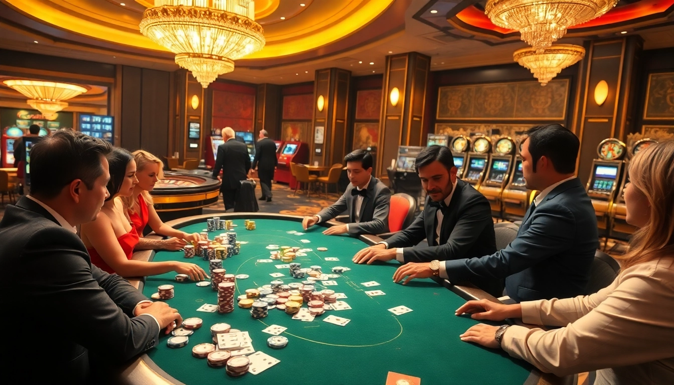Engaging players at a high-stakes poker table in a luxurious casino atmosphere on https://www.eejl33.com/.