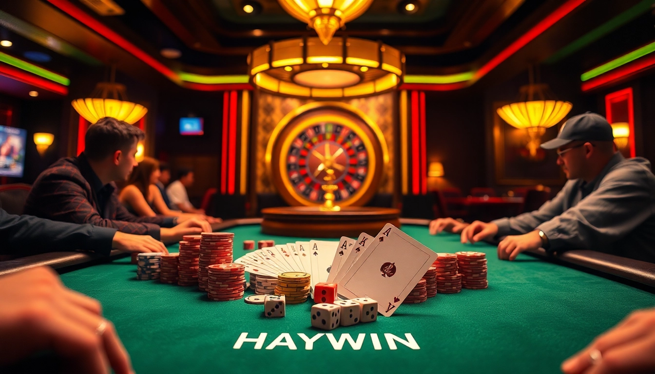 Experience the thrill of HAYWIN as players celebrate a winning hand at a luxurious poker table.