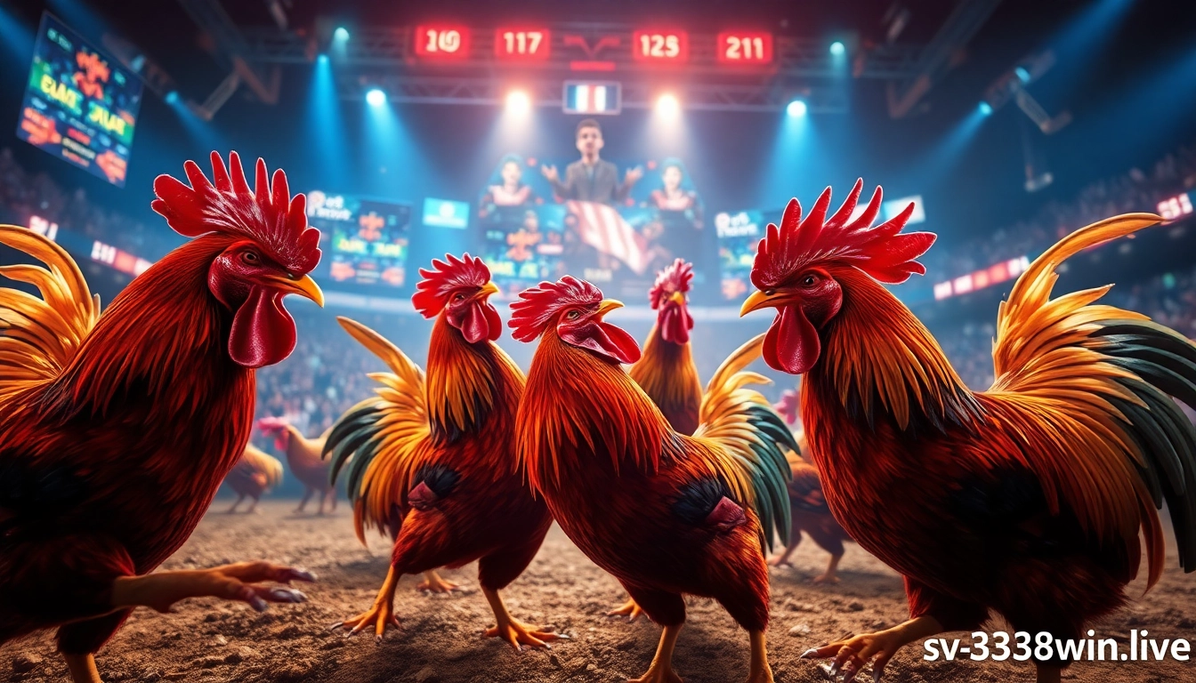 Engaging live cockfighting scene on sv368win.live with colorful roosters and an interactive betting interface.