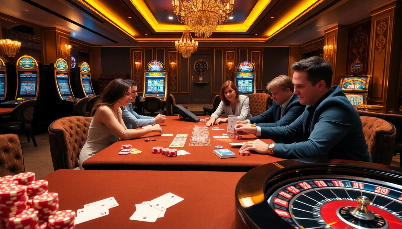 Players celebrating a victory at the 789club casino with vibrant slot machines and poker chips.