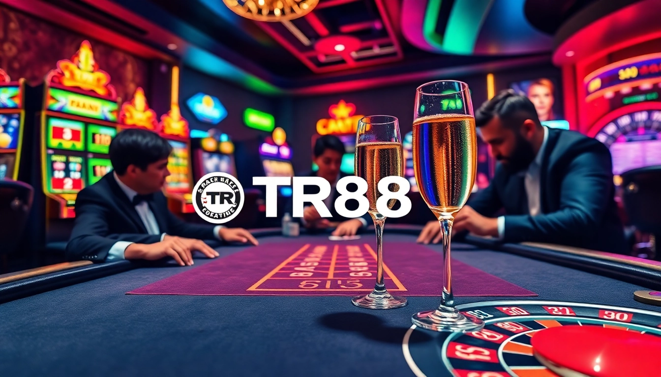 TR88 poker players strategizing in an elegant casino atmosphere filled with excitement.