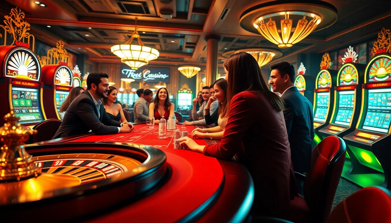 Excited players engaged in a luxurious F168 OKVIP online casino scene, featuring poker chips, roulette, and slot machines.
