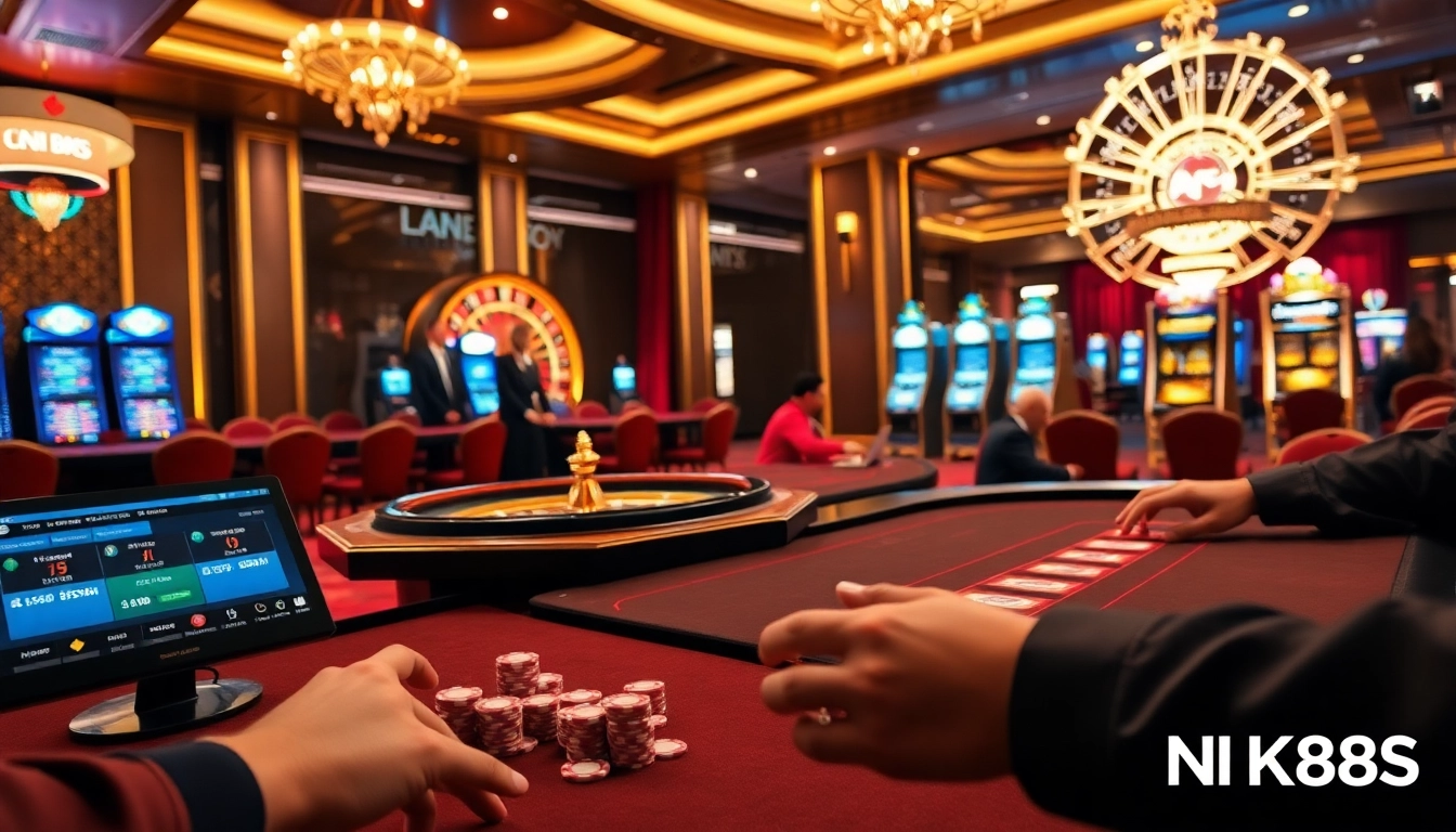 Engaging poker game at NK88S casino, highlighting vibrant atmosphere and high-stakes action.