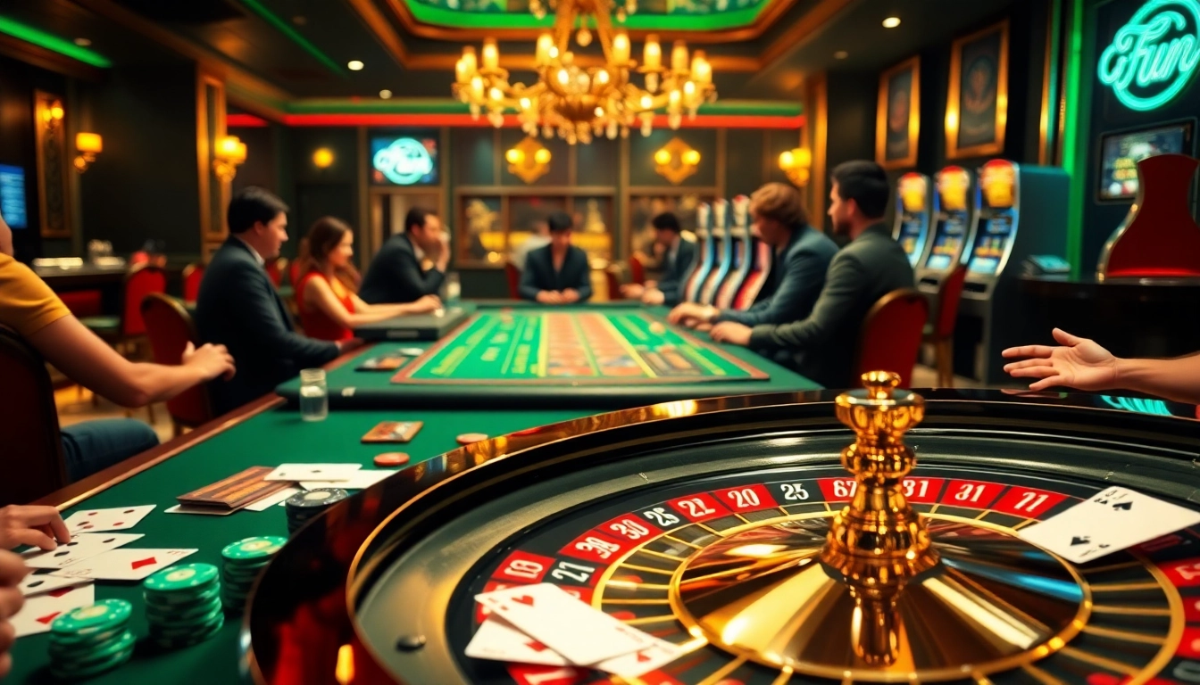 Thrilling game at Fun 88 casino with vibrant roulette wheel and engaged players enjoying high-stakes gaming.