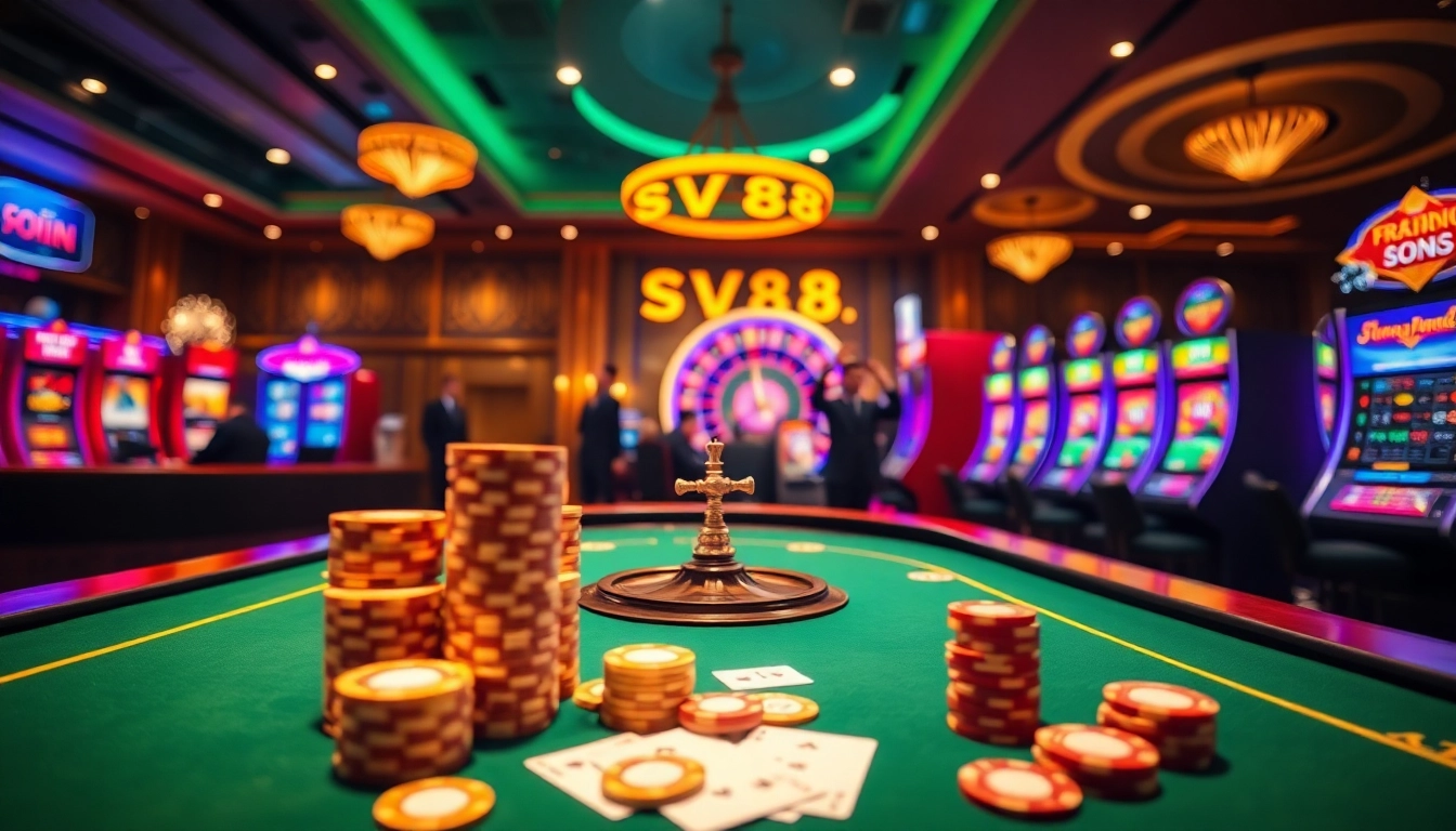 Players enjoying a thrilling casino experience at SV88 with vibrant slot machines and poker chips.