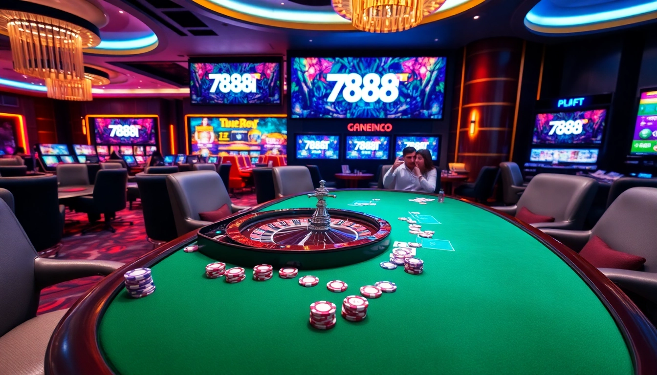 Players enjoying high-stakes poker at a luxurious 788T casino table.