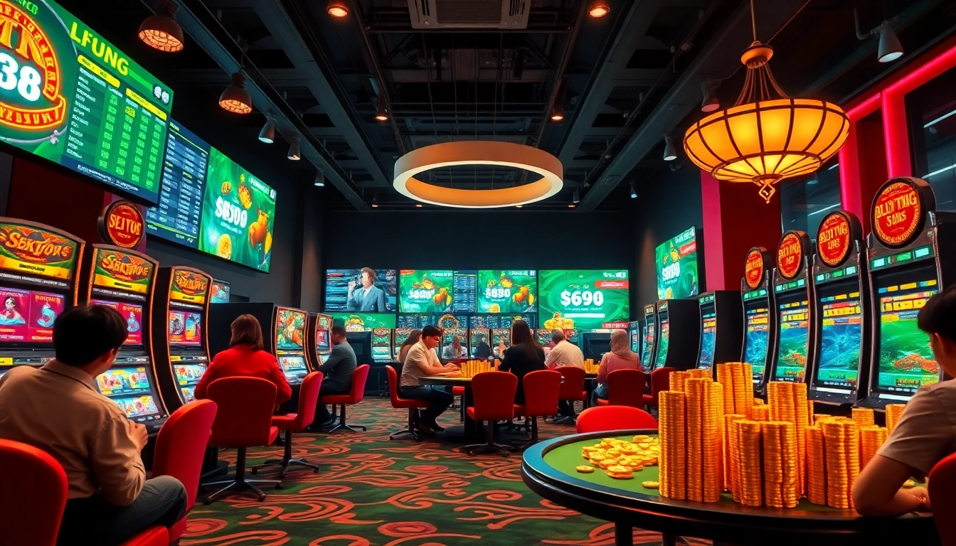 Engaging online gambling scene highlighting winvn88.live's diverse gaming options, showcasing excitement and modern casino aesthetics.