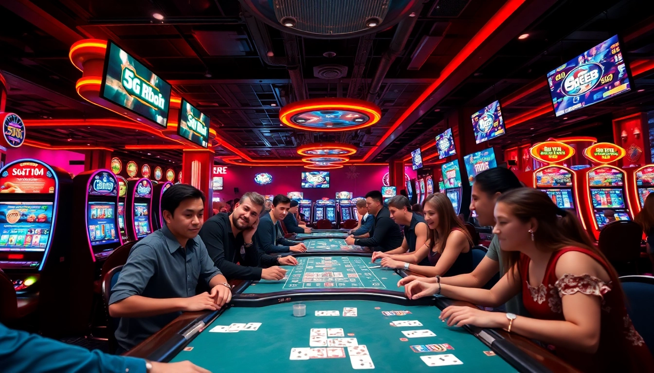 Dynamic casino scene showcasing players enjoying various games at 566.con with bright lighting and vibrant colors.