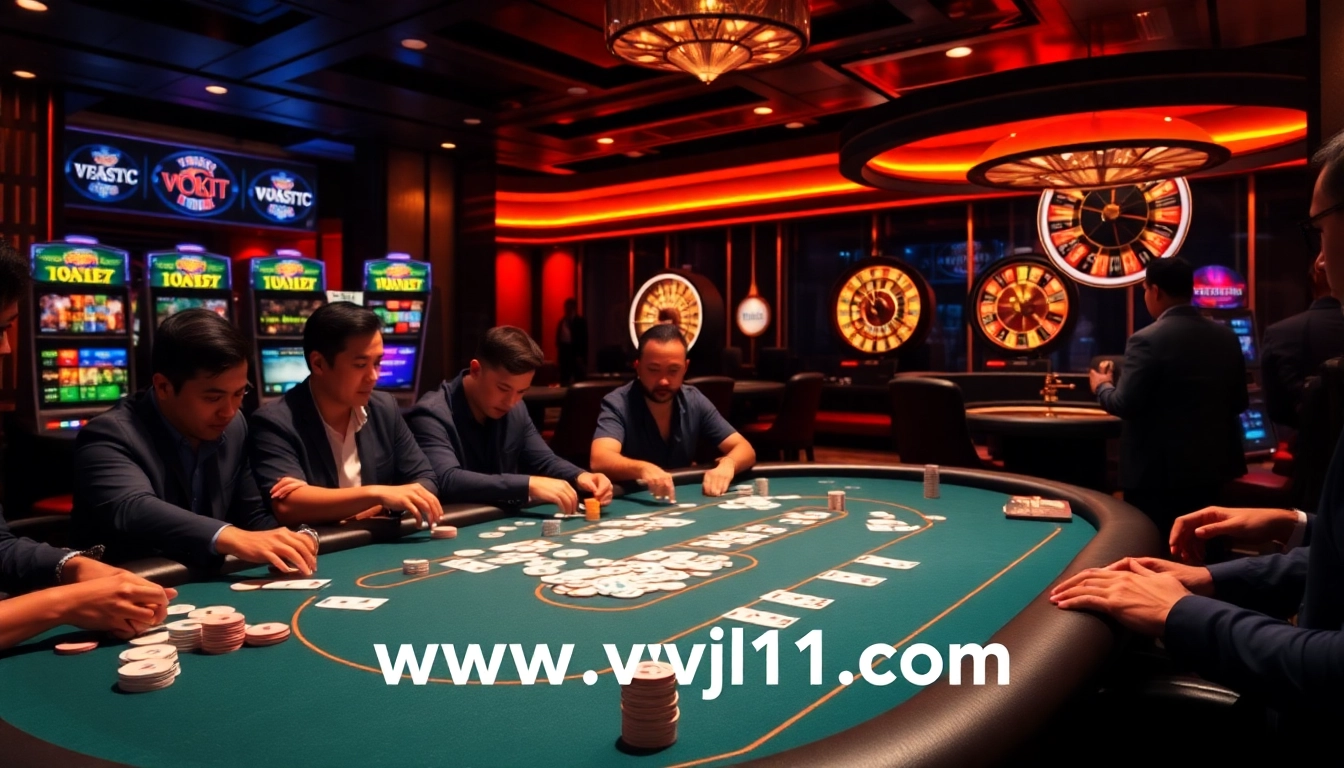 Players enjoy a thrilling poker game at https://www.vvjl11.com/ with vibrant chips and cards.