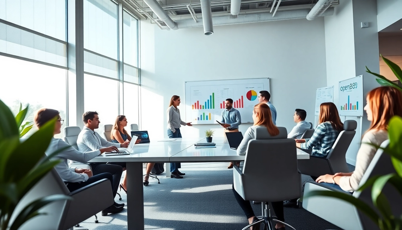 Team collaboration in a modern office showcasing open88.com branding in a professional environment.