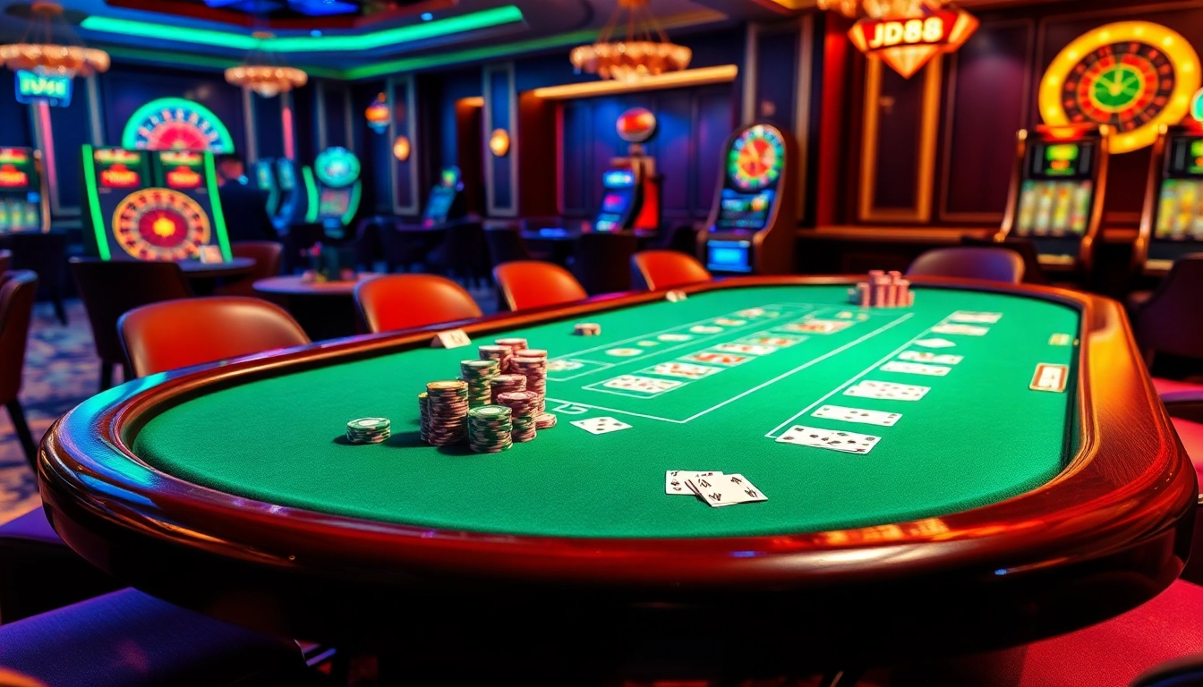 Trải nghiệm cảm giác thăng hoa của JD88 tại bàn poker sang trọng, giữa bầu không khí casino sống động.