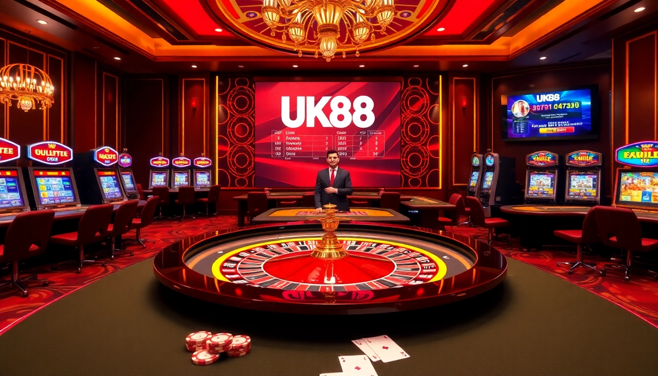 Experience the excitement of UK88's vibrant casino environment with roulette and poker tables.