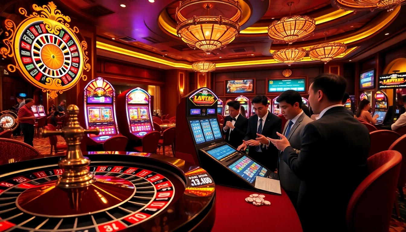Engaging players strategizing Lô đề trực tuyến at a vibrant casino, showcasing excitement and gameplay.
