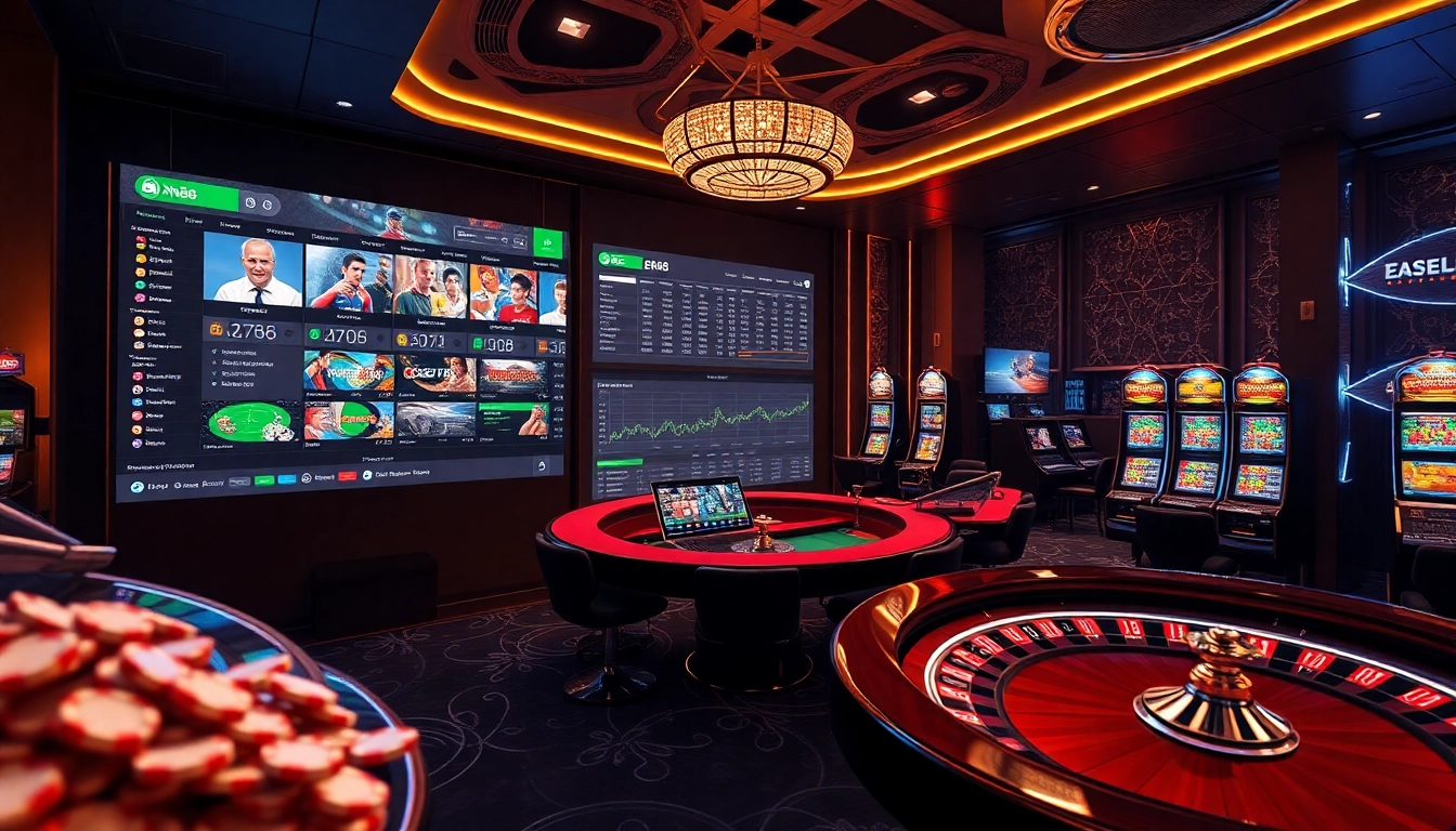 Experience the excitement of thể thao xn88 with a dynamic online betting environment featuring sports icons and vibrant casino elements.