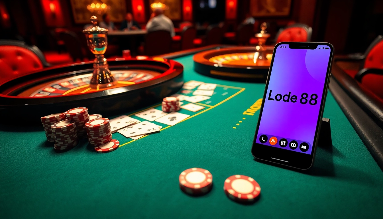 Engage with Lode88 AI in a vibrant casino scene showcasing poker chips and playing cards.