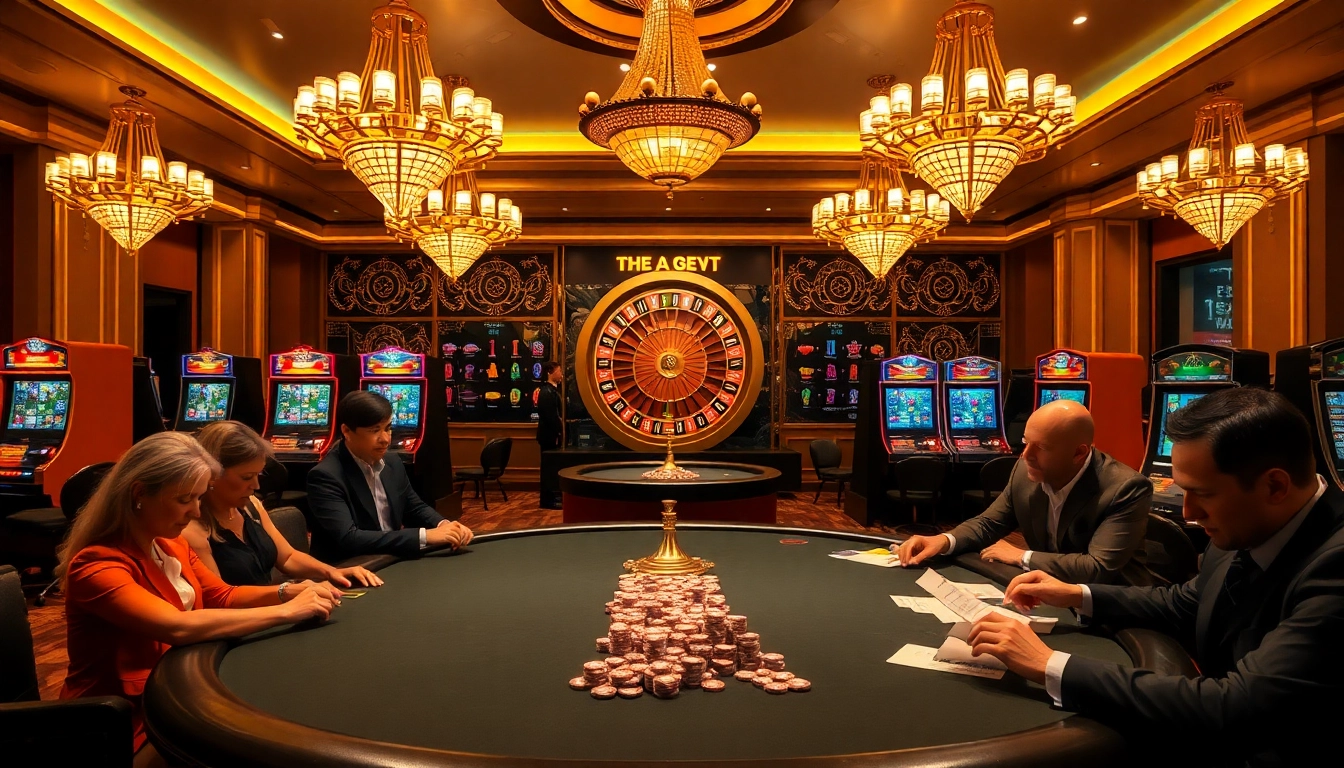 Experience the thrill of debet net with an elegant casino scene featuring poker, roulette, and vibrant slot machines.