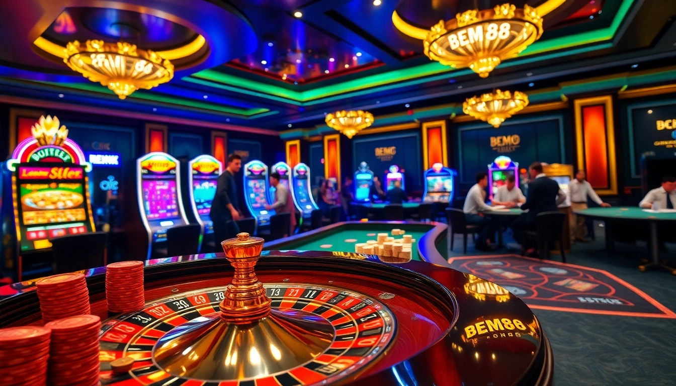 BEM88 players enjoying a high-stakes game at a luxurious casino table, featuring roulette and poker chips.