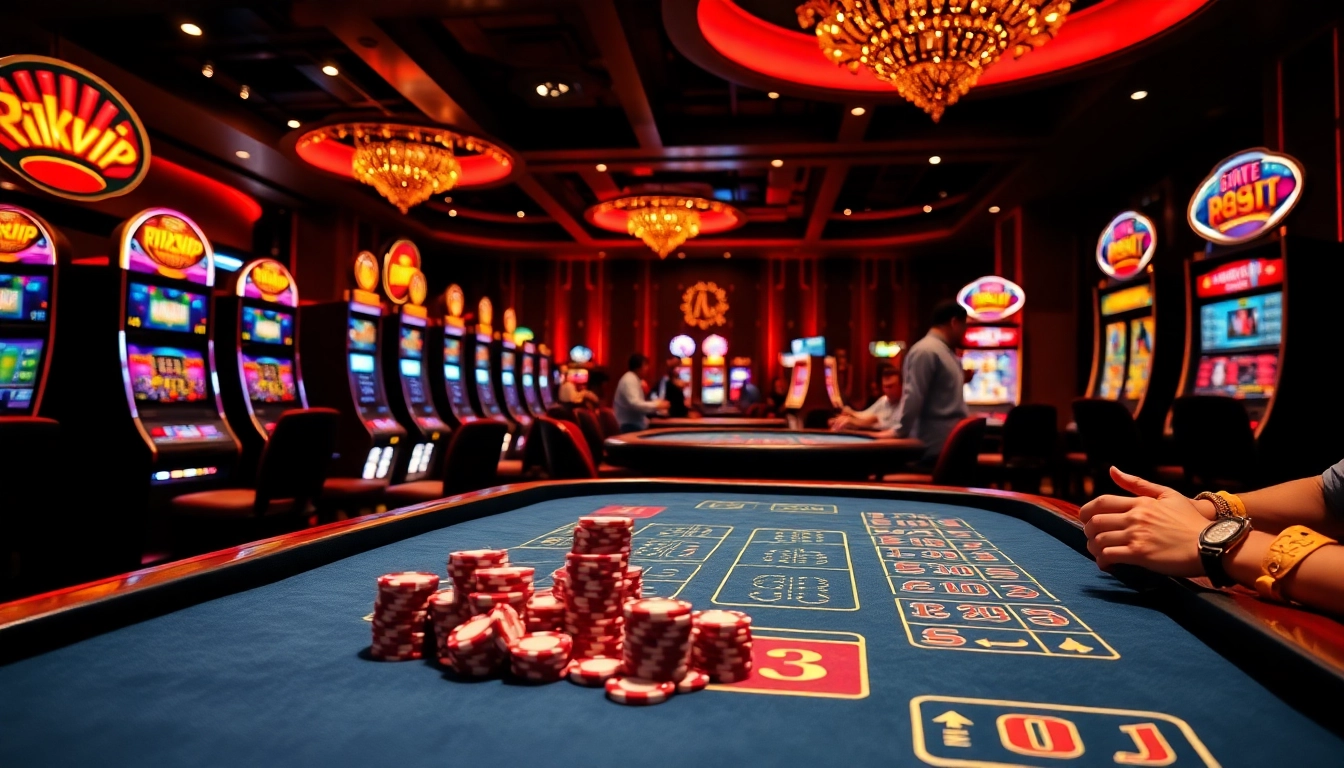 Experience the excitement of rikvip with players enjoying casino games in a luxurious atmosphere.