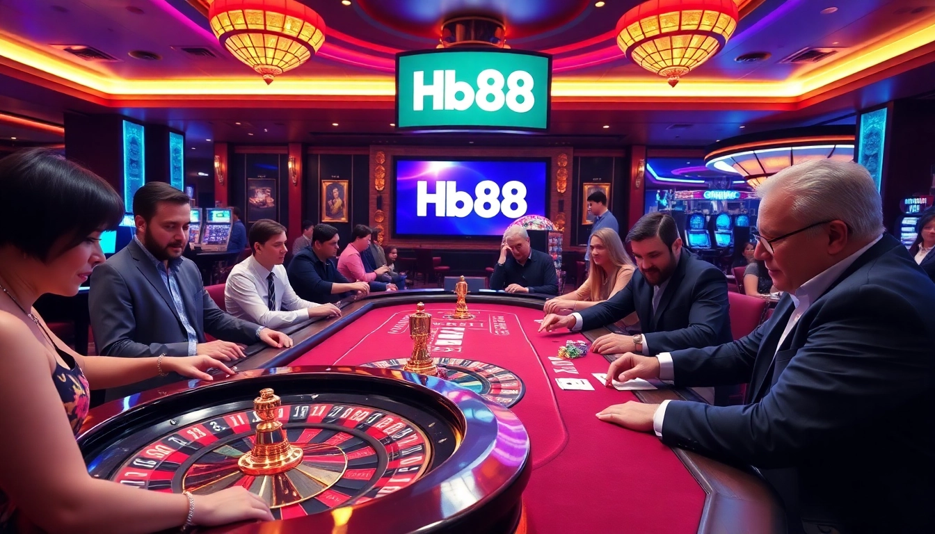 Exciting casino scene showcasing the HB88 roulette wheel and poker table in action.