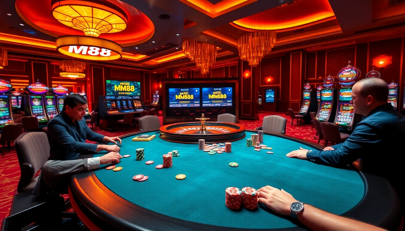 Experience MM88's casino excitement at a luxurious poker table amidst thrilling gameplay.