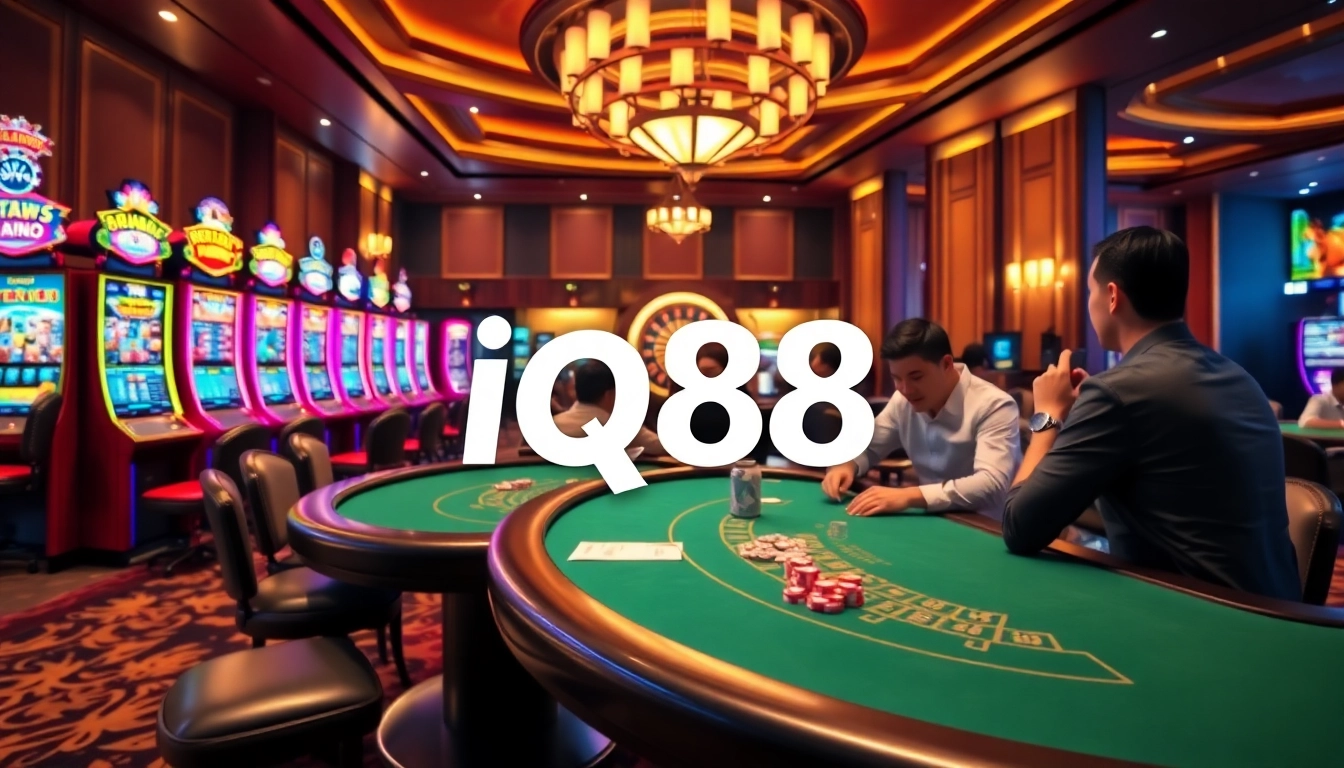Playing at the iq88 casino with vibrant slot machines and poker tables.