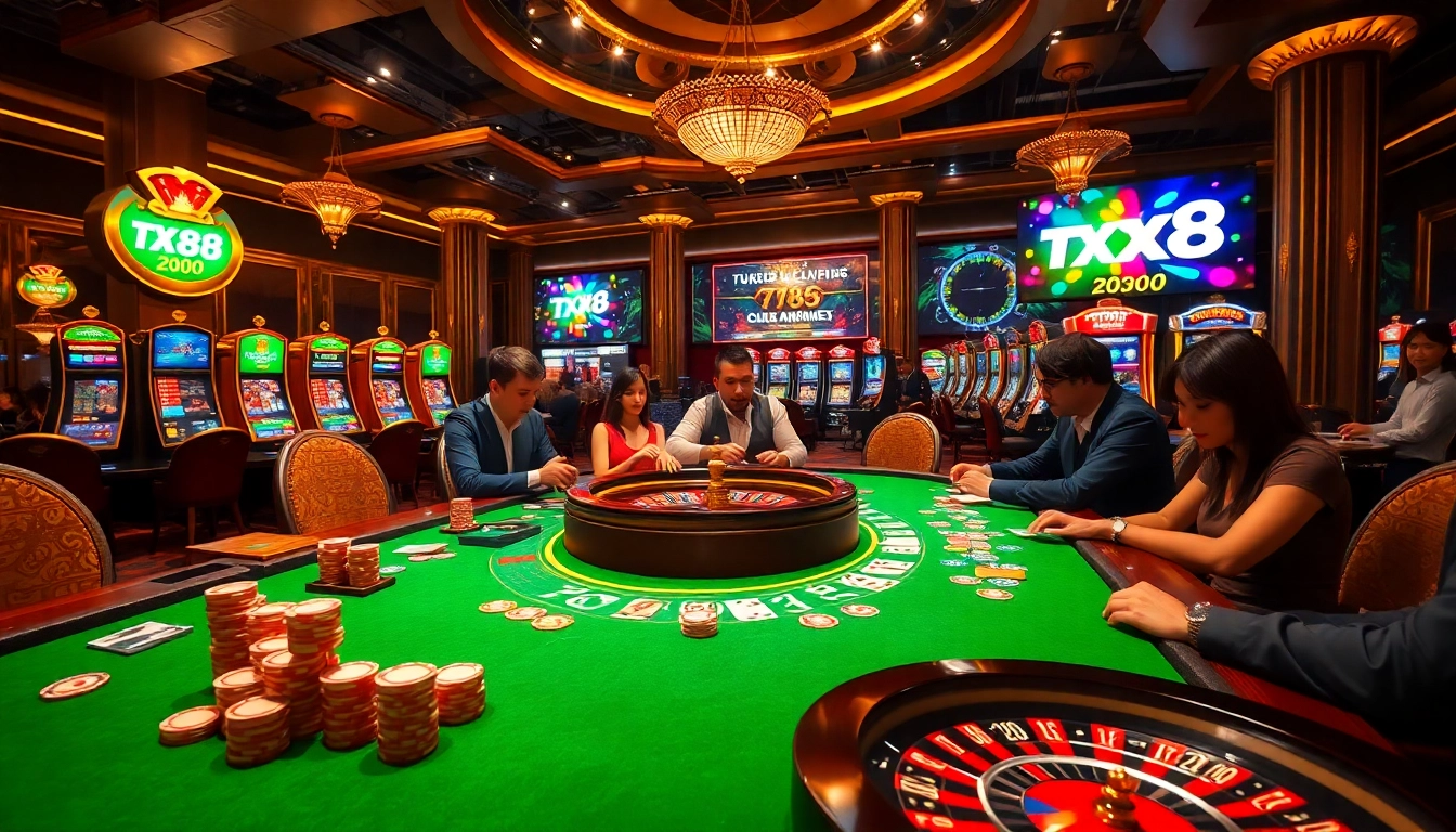 Experience the excitement of tx88 at a luxury casino with gaming tables and vibrant chips.