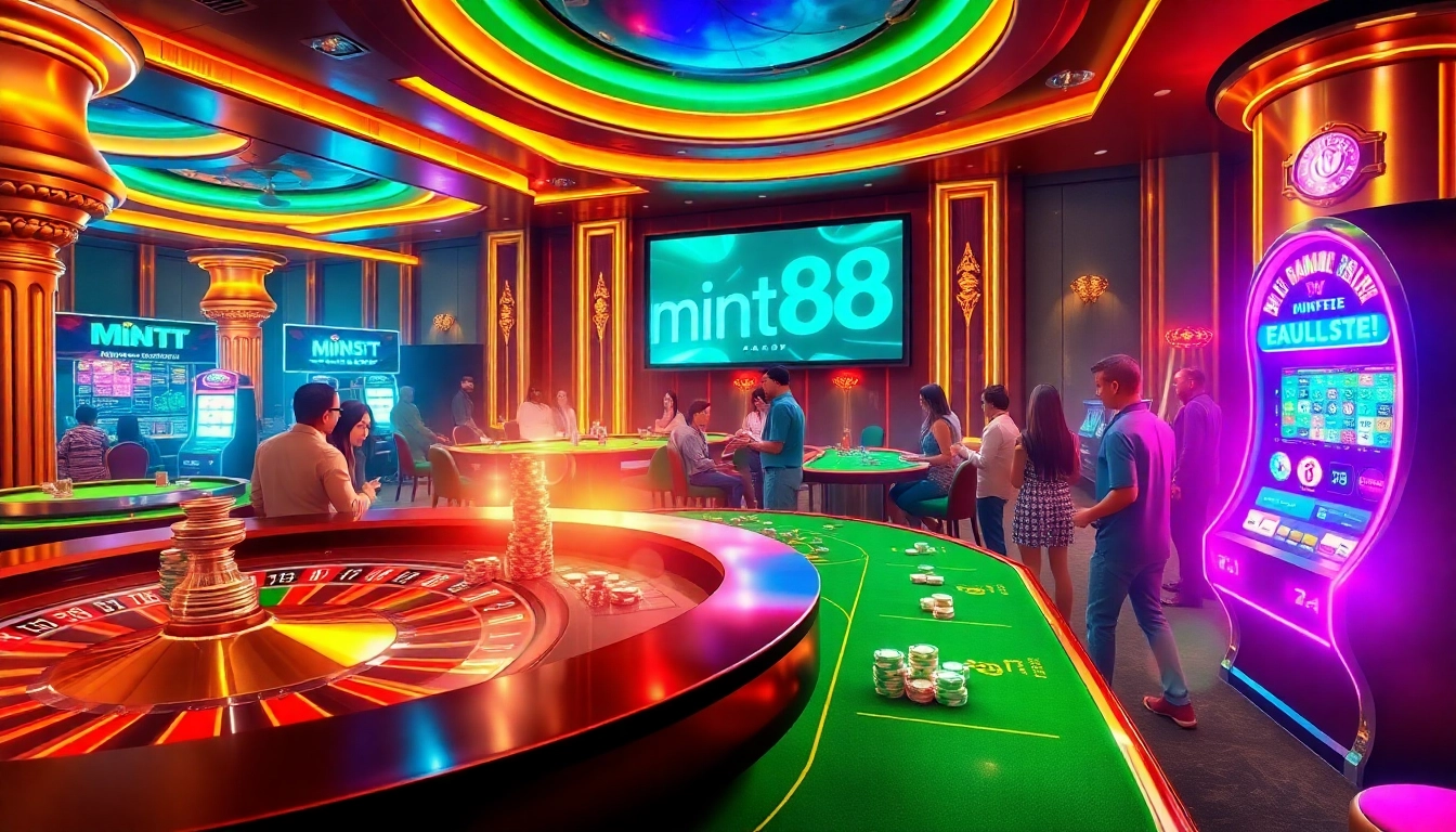 Experience the thrill of mint88 in a luxurious casino setting with poker chips and roulette wheel.