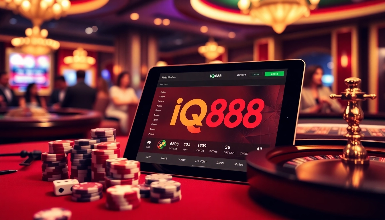 Experience the excitement of gambling at IQ88 with luxurious casino visuals of poker chips and roulette.