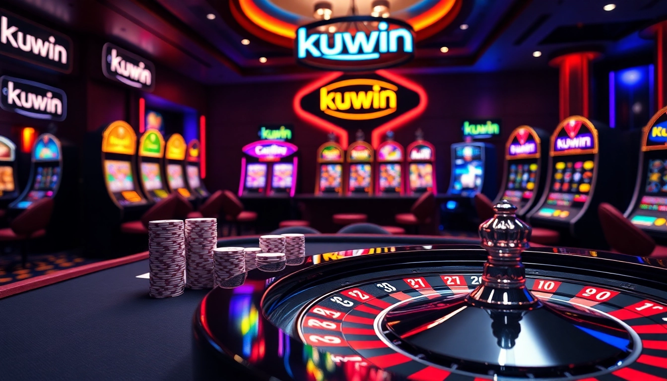 Kuwin casino table with poker chips, cards, and roulette wheel in an exciting atmosphere.