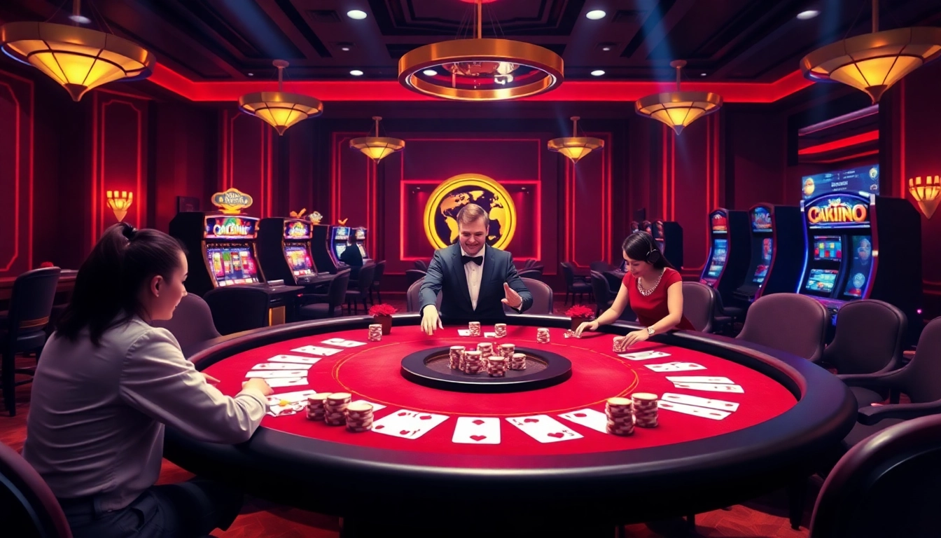 Engaging online gambling scene at Nhà cái OK8386 with players enjoying poker and slot machines.
