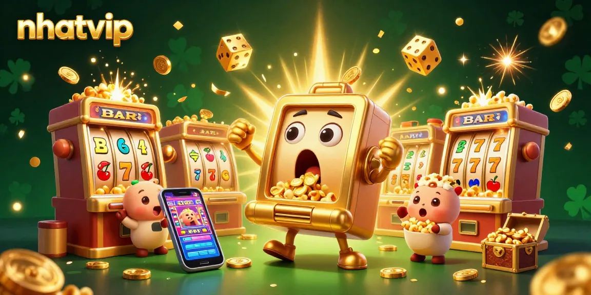 Nhatvip's golden slot machine hits a jackpot, showering coins with baby machines cheering, showcasing online casino excitement.