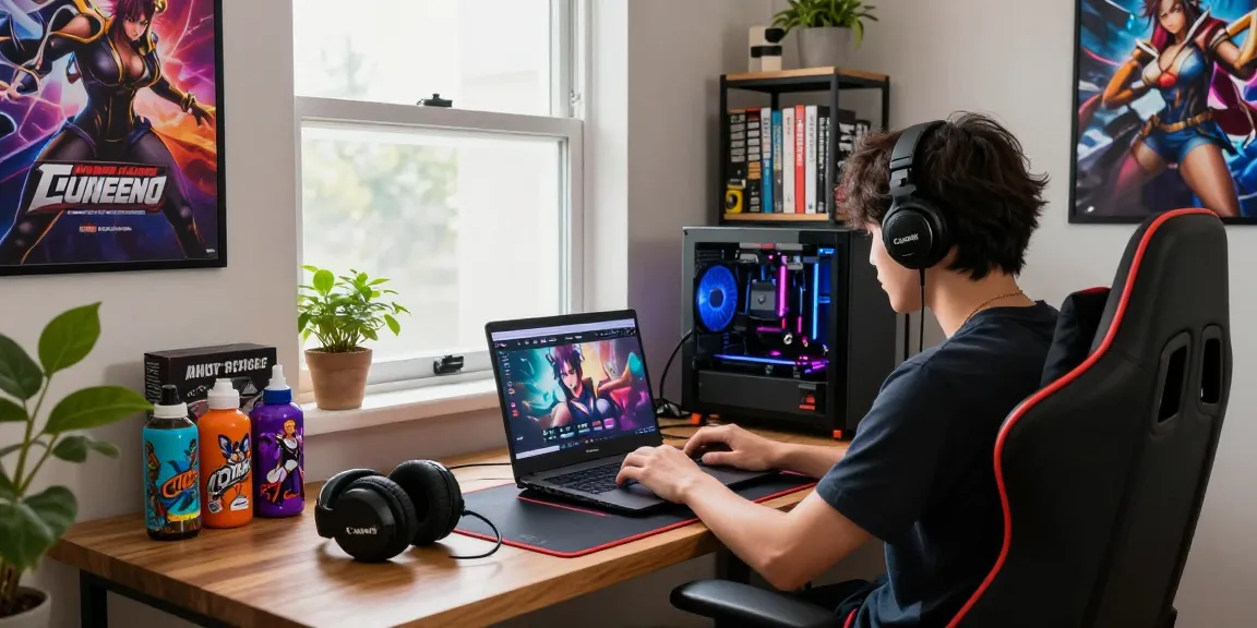 Immersive workspace scene showcasing a person playing hentai games html on a laptop with vibrant gaming posters.