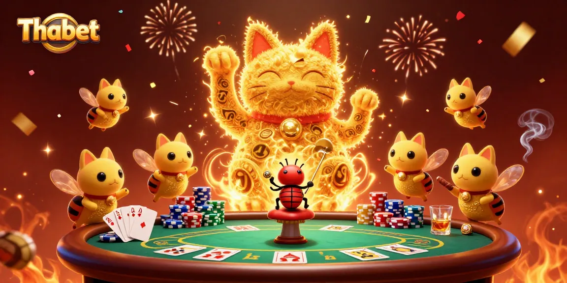 Experience the luck of Thabet with a golden cat and poker action in a vibrant casino scene.