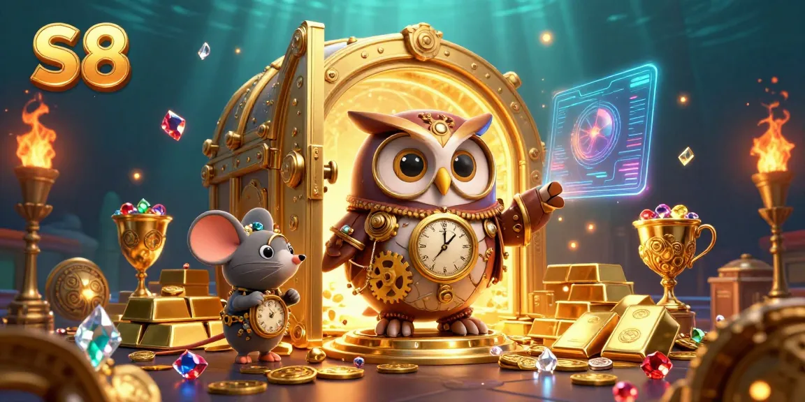 Engage with S8's thrilling casino experience featuring a time-traveler owl, treasure vaults, and vibrant gems.